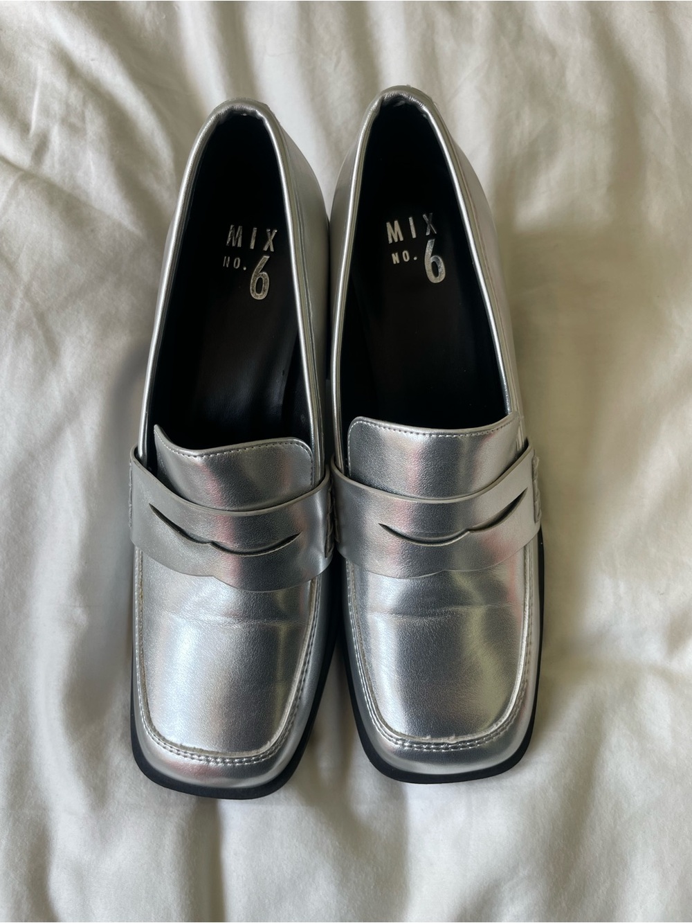 Silver block heeled loafers by Mix No. 6